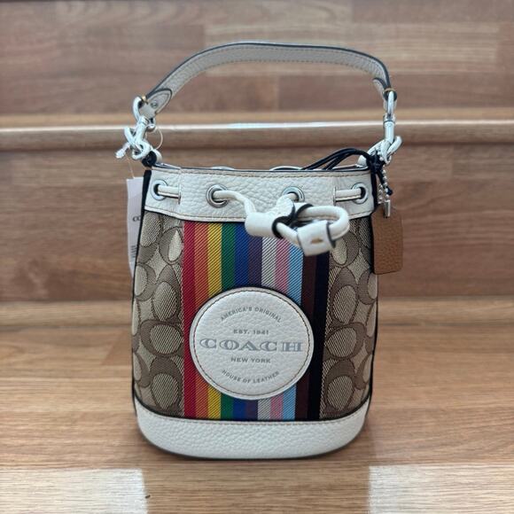 Coach Mini Dempsey Bucket Bag In Signature Jacquard With Rainbow Stripe - Picture 1 of 9